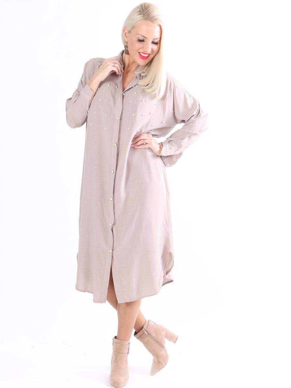 Jules - Lang skjortekjole med hvide perler